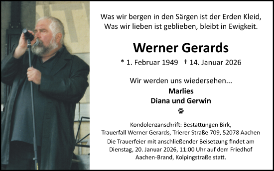 Traueranzeige von Werner Gerards von Zeitung am Sonntag