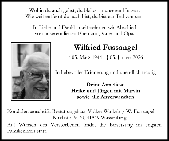Traueranzeige von Wilfried Fussangel von Zeitung am Sonntag