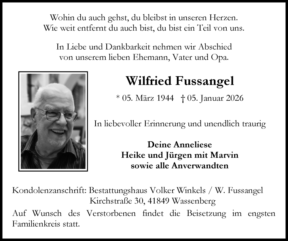  Traueranzeige für Wilfried Fussangel vom 25.01.2026 aus Zeitung am Sonntag