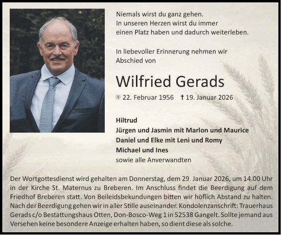Traueranzeige von Wilfried Gerads von Zeitung am Sonntag