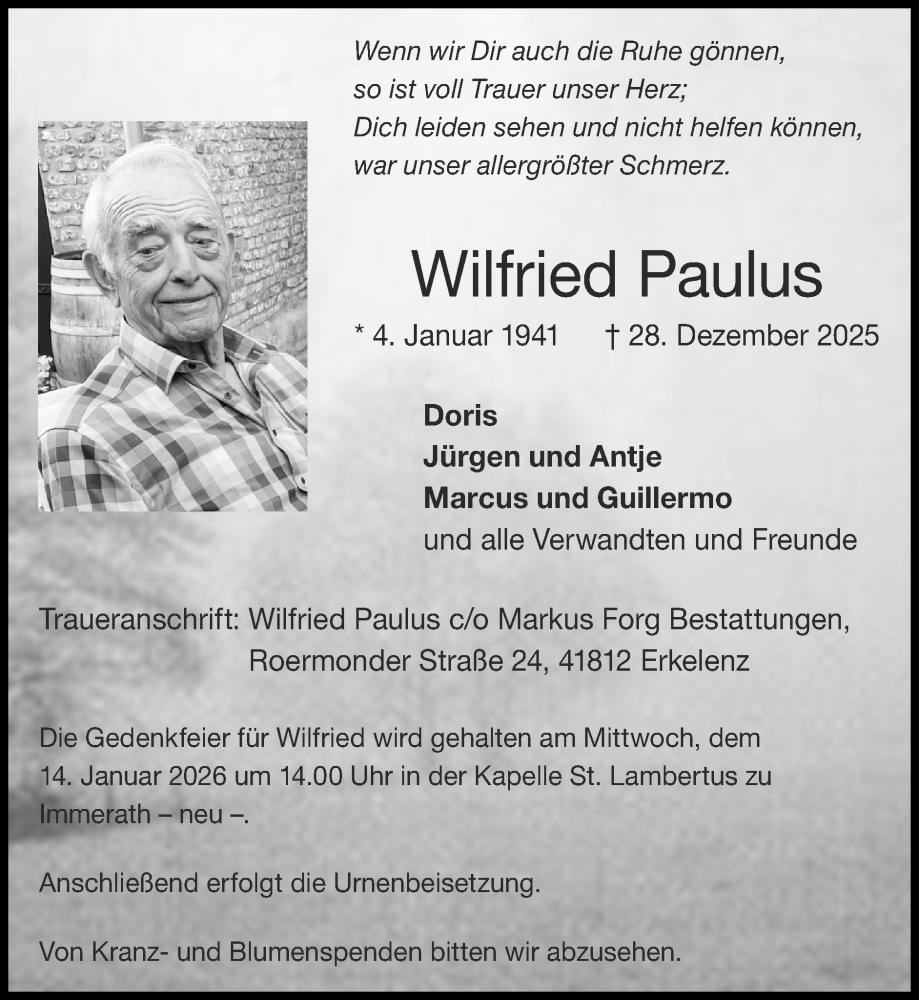  Traueranzeige für Wilfried Paulus vom 04.01.2026 aus Zeitung am Sonntag