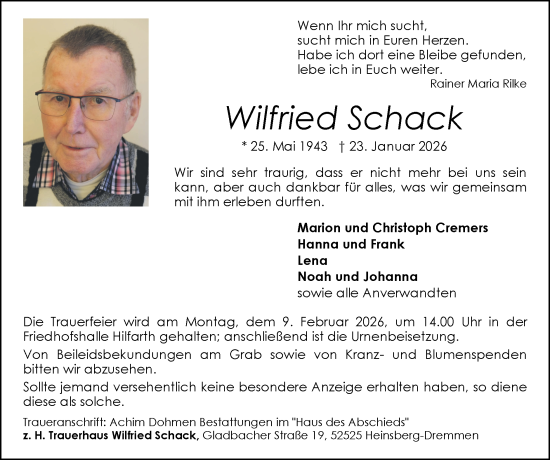 Traueranzeige von Wilfried Schack von Zeitung am Sonntag