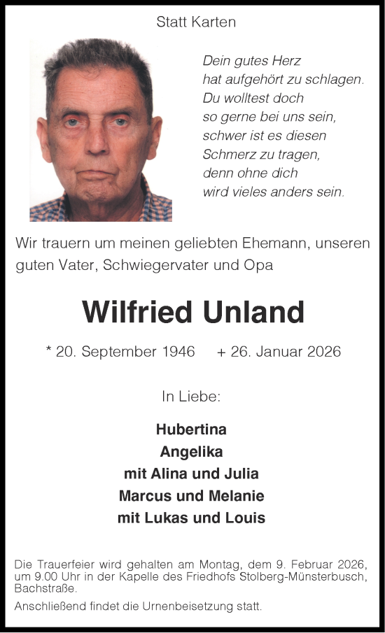 Traueranzeige von Wilfried Unland von Zeitung am Sonntag