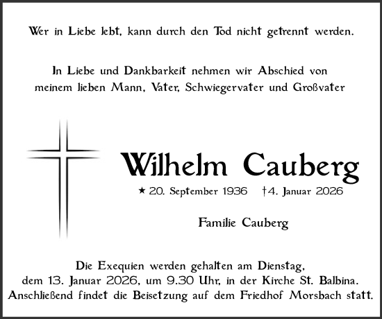 Traueranzeige von Wilhelm Cauberg von Zeitung am Sonntag