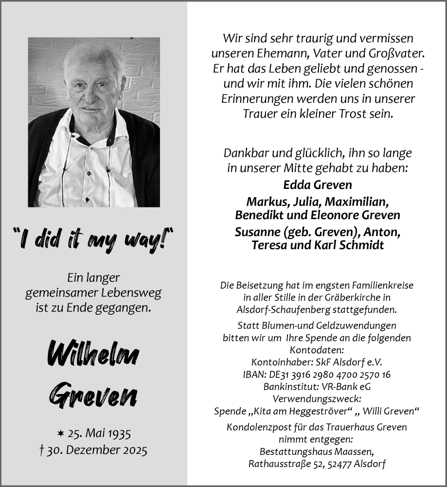  Traueranzeige für Wilhelm Greven vom 25.01.2026 aus Zeitung am Sonntag