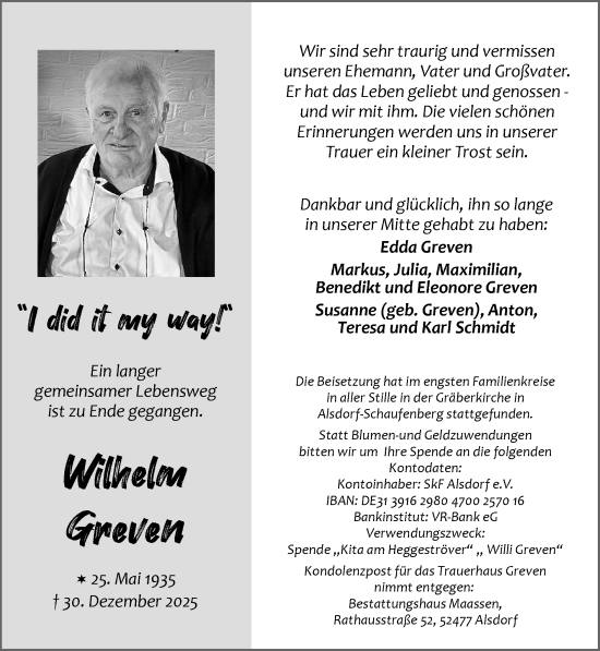 Traueranzeige von Wilhelm Greven von Zeitung am Sonntag