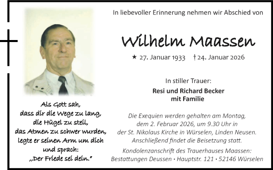 Traueranzeige von Wilhelm Maassen von Zeitung am Sonntag