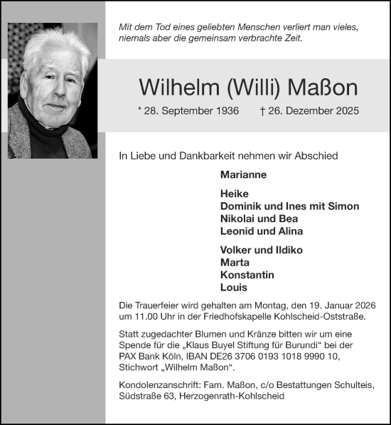 Traueranzeige von Wilhelm Maßon von Zeitung am Sonntag