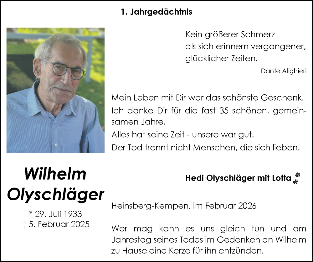  Traueranzeige für Wilhelm Olyschläger vom 01.02.2026 aus Zeitung am Sonntag