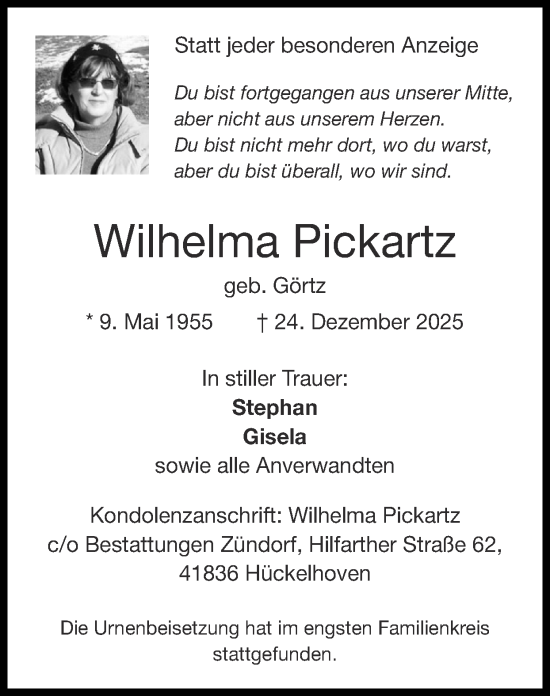 Traueranzeige von Wilhelma Pickartz von Zeitung am Sonntag