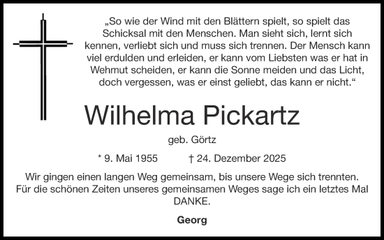 Traueranzeige von Wilhelma Pickartz von Zeitung am Sonntag