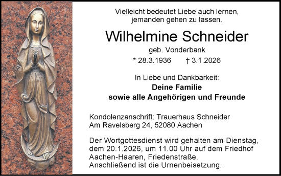 Traueranzeige von Wilhelmine Schneider von Zeitung am Sonntag