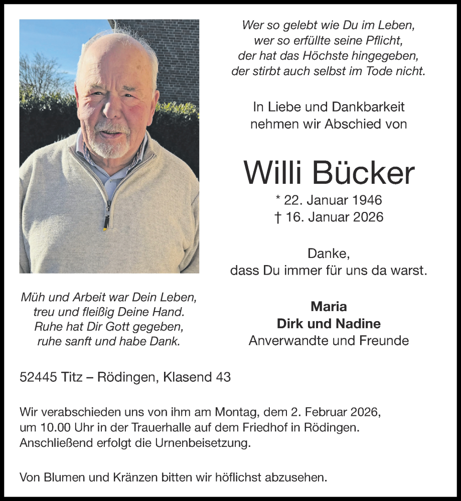  Traueranzeige für Willi Bücker vom 25.01.2026 aus Zeitung am Sonntag