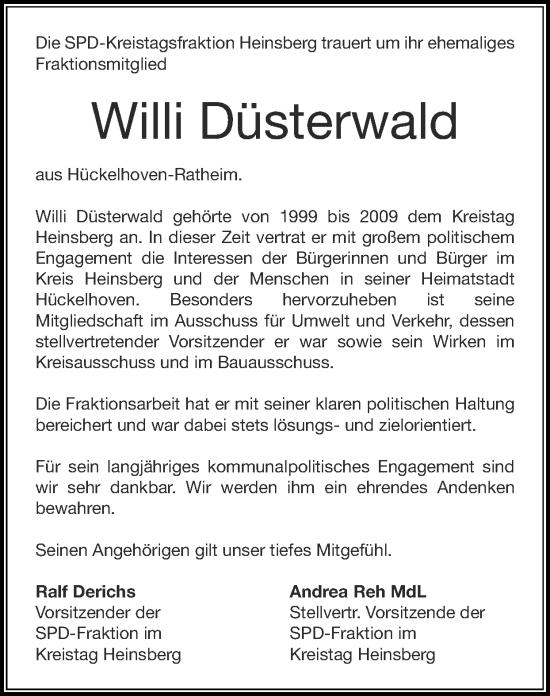 Traueranzeige von Willi Düsterwald von Zeitung am Sonntag