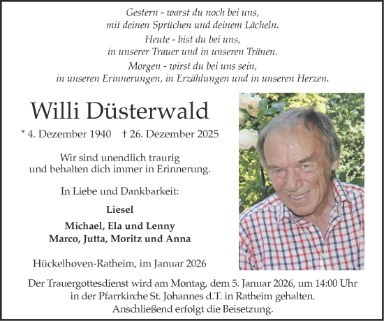 Traueranzeige von Willi Düsterwald von Zeitung am Sonntag