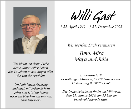 Traueranzeige von Willi Gast von Zeitung am Sonntag