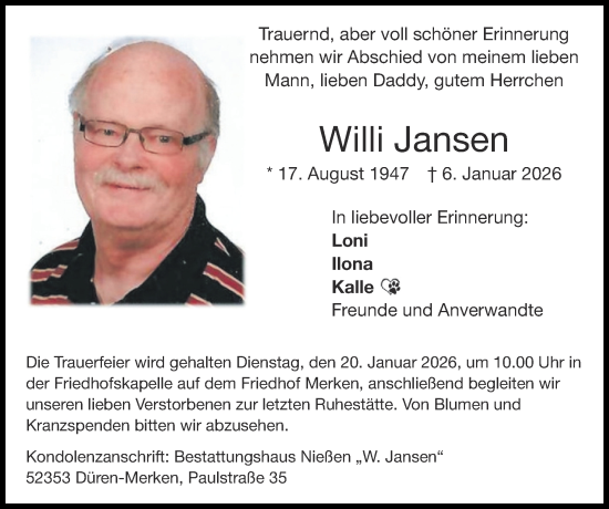 Traueranzeige von Willi Jansen von Zeitung am Sonntag