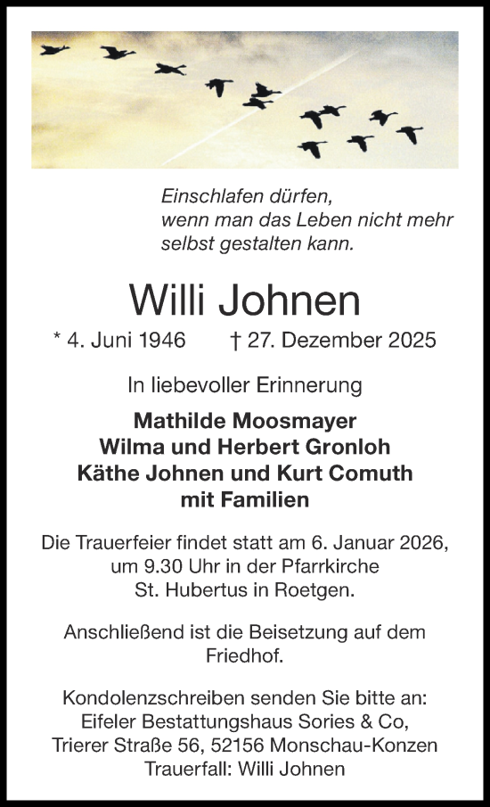 Traueranzeige von Willi Johnen von Zeitung am Sonntag