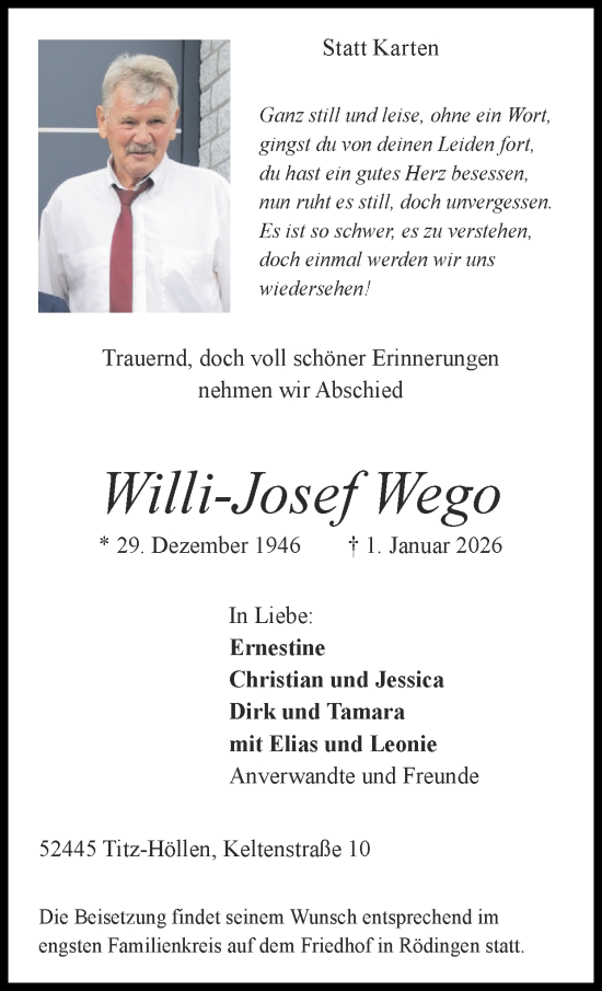 Traueranzeige von Willi-Josef Wego von Zeitung am Sonntag