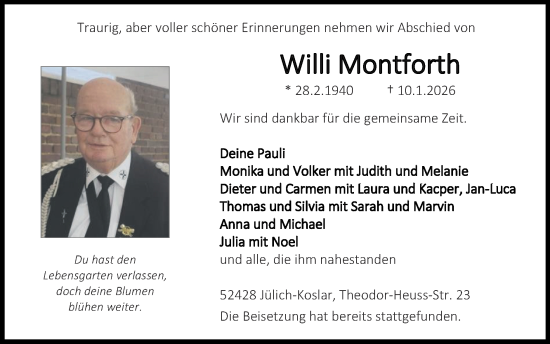 Traueranzeige von Willi Montforth von Zeitung am Sonntag