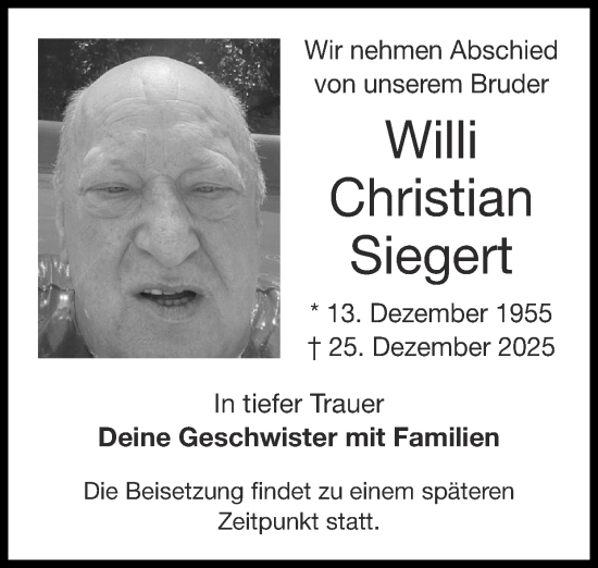 Traueranzeige von Willi Christian Siegert von Zeitung am Sonntag