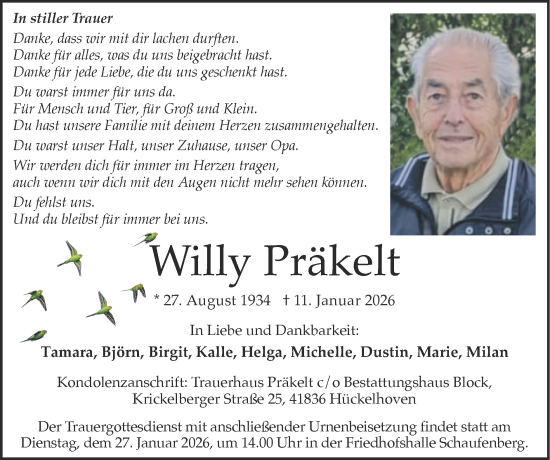 Traueranzeige von Willy Präkelt von Zeitung am Sonntag