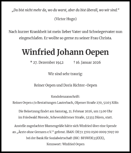 Traueranzeige von Winfried Johann Oepen von Aachener Zeitung