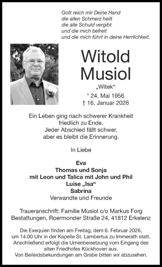 Traueranzeige von Witold Musiol von Zeitung am Sonntag