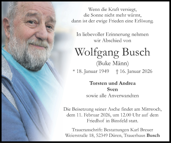 Traueranzeige von Wolfgang Busch von Zeitung am Sonntag