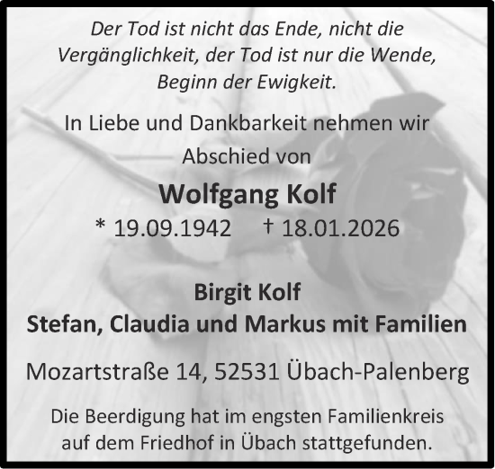 Traueranzeige von Wolfgang Kolf von Zeitung am Sonntag