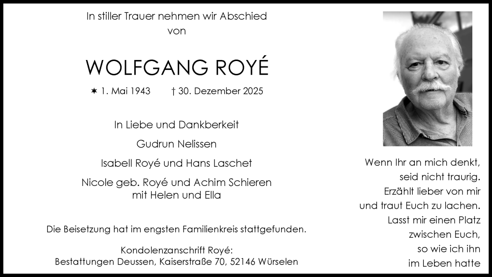  Traueranzeige für Wolfgang Royé vom 17.01.2026 aus Aachener Zeitung