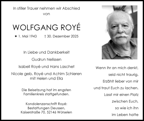 Traueranzeige von Wolfgang Royé von Zeitung am Sonntag