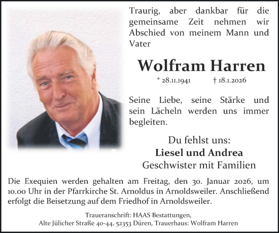 Traueranzeige von Wolfram Harren von Zeitung am Sonntag