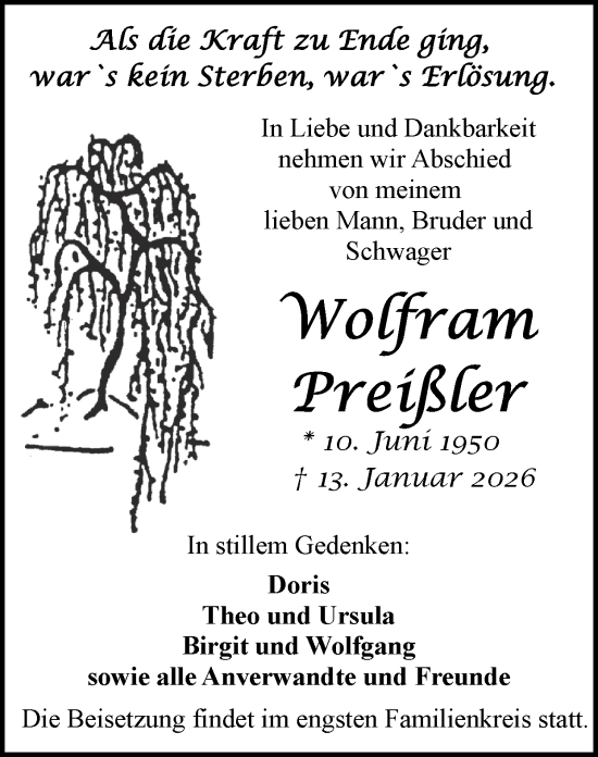 Traueranzeige von Wolfram Preißler von Zeitung am Sonntag