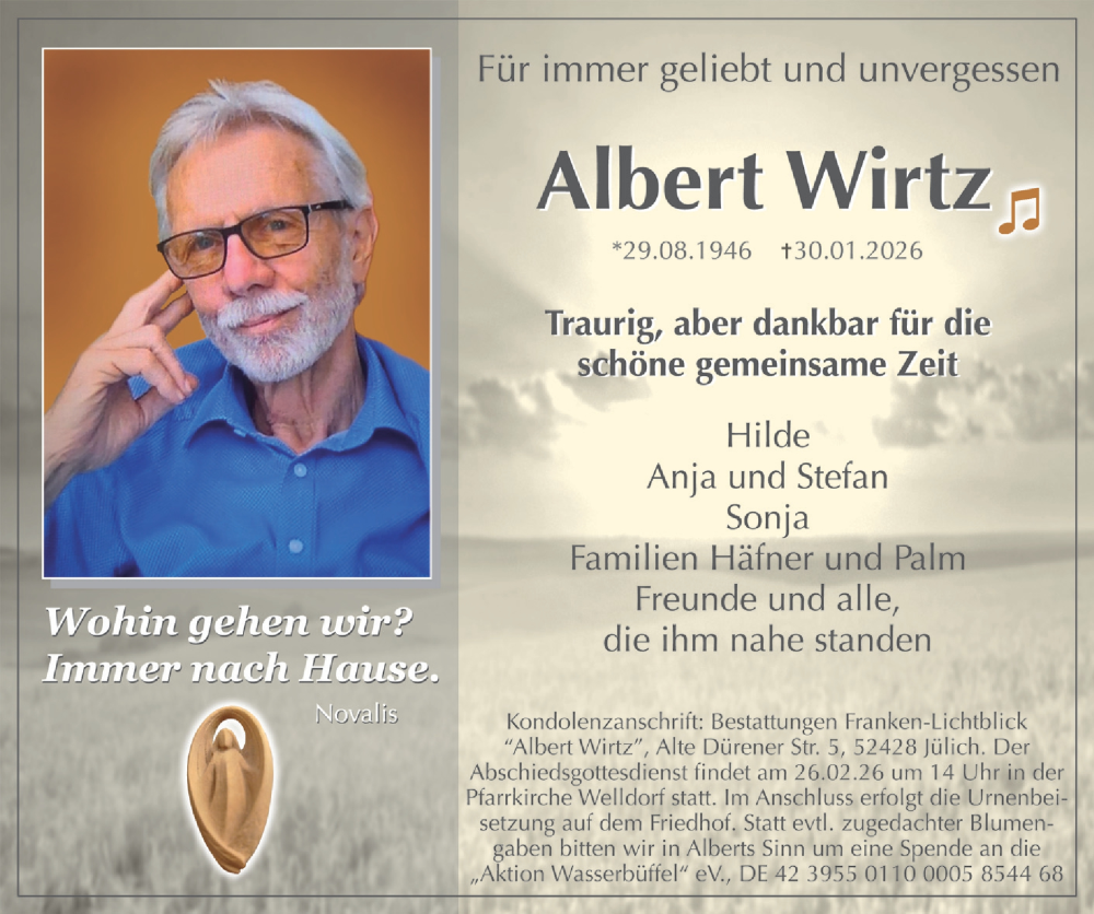 Traueranzeige für Albert Wirtz vom 22.02.2026 aus Zeitung am Sonntag