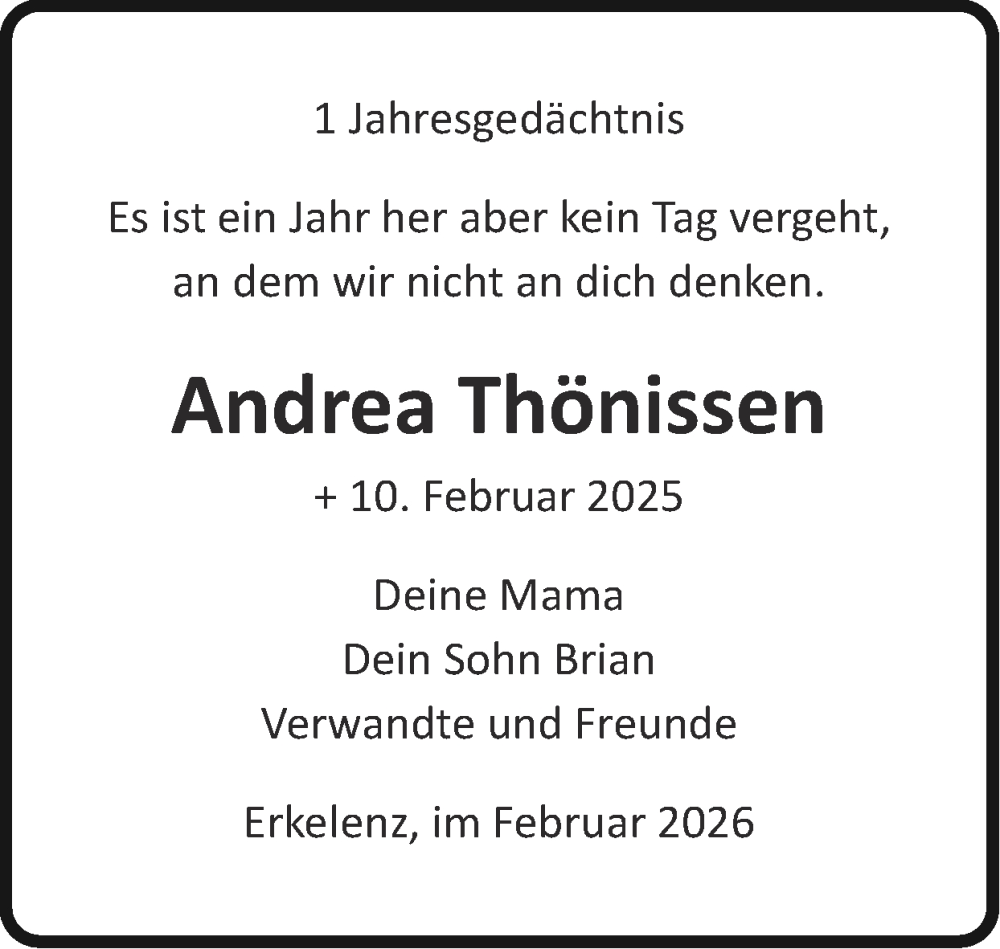  Traueranzeige für Andrea Thönissen vom 08.02.2026 aus Zeitung am Sonntag