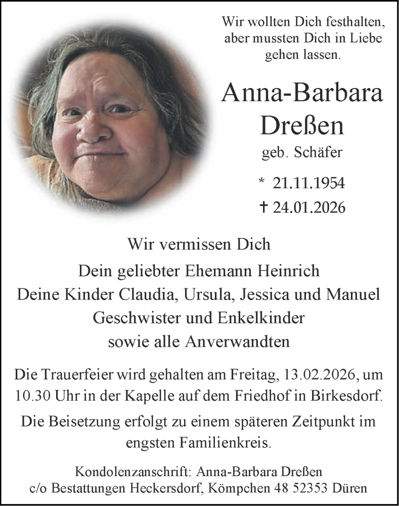  Traueranzeige für Anna-Barbara Dreßen vom 08.02.2026 aus Zeitung am Sonntag