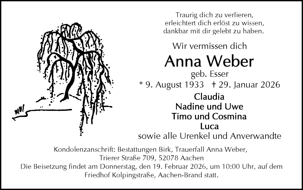  Traueranzeige für Anna Weber vom 08.02.2026 aus Zeitung am Sonntag