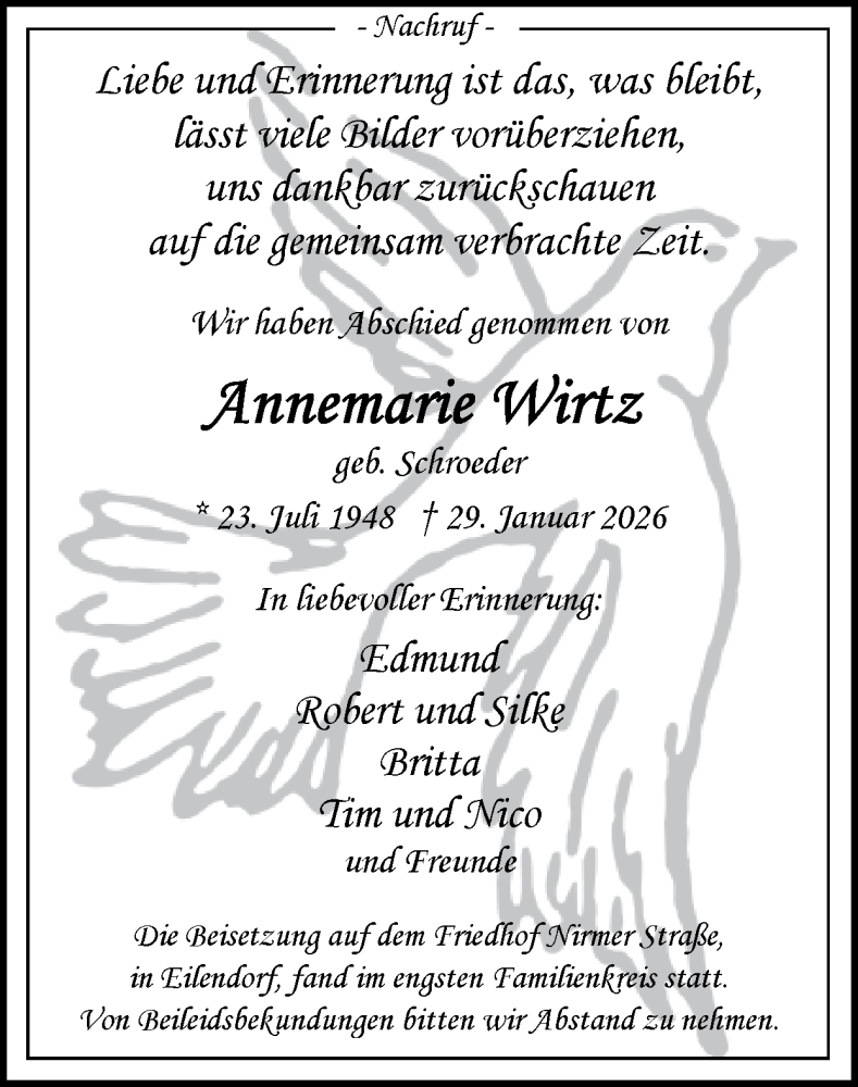  Traueranzeige für Annemarie Wirtz vom 22.02.2026 aus Zeitung am Sonntag