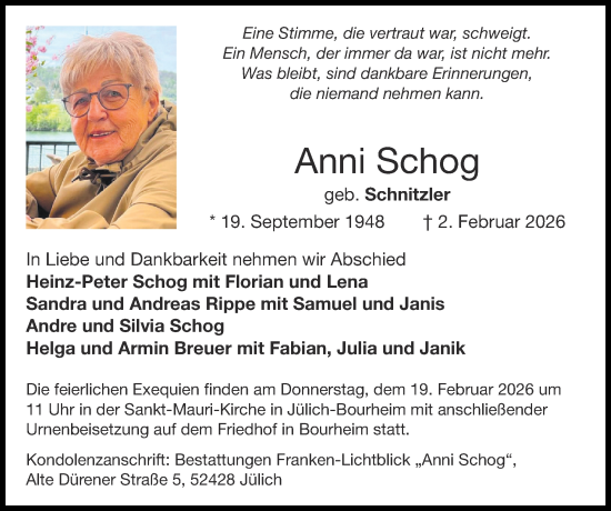 Traueranzeige von Anni Schog von Zeitung am Sonntag