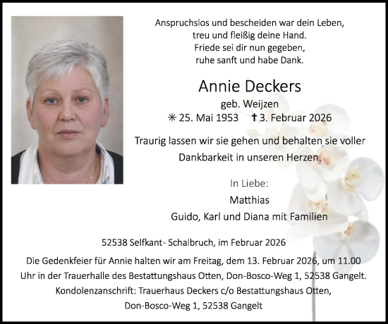Traueranzeige von Annie Deckers von Zeitung am Sonntag