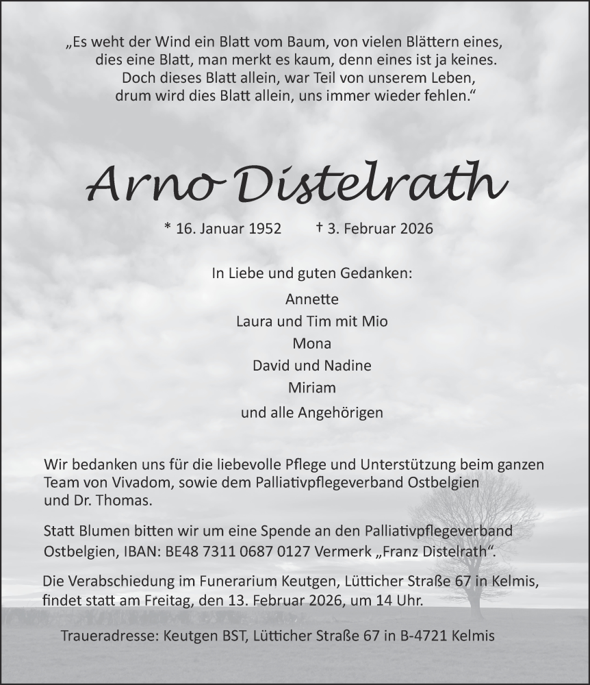  Traueranzeige für Arno Distelrath vom 10.02.2026 aus Aachener Zeitung