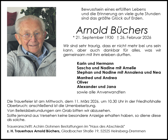 Traueranzeige von Arnold Büchers von Zeitung am Sonntag