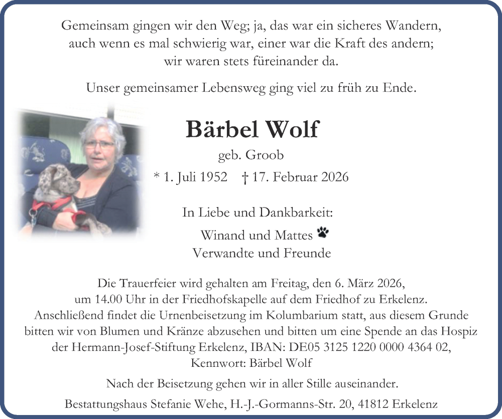  Traueranzeige für Bärbel Wolf vom 01.03.2026 aus Zeitung am Sonntag