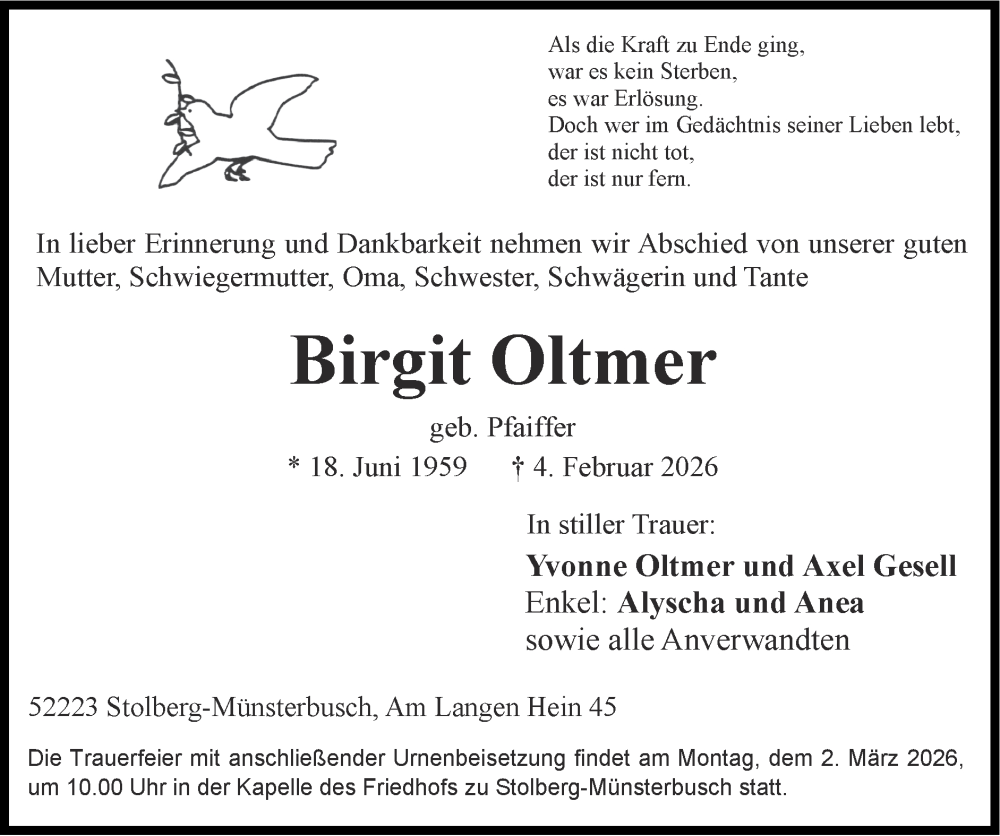  Traueranzeige für Birgit Oltmer vom 22.02.2026 aus Zeitung am Sonntag