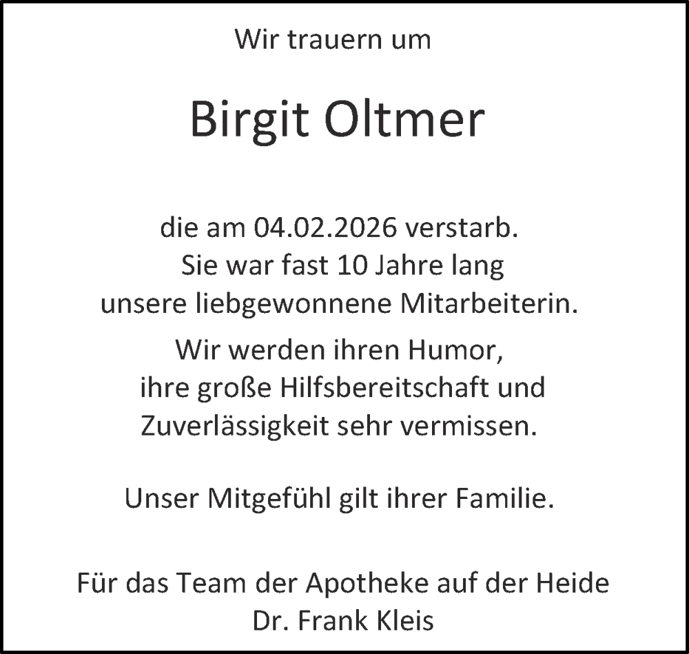  Traueranzeige für Birgit Oltmer vom 01.03.2026 aus Zeitung am Sonntag