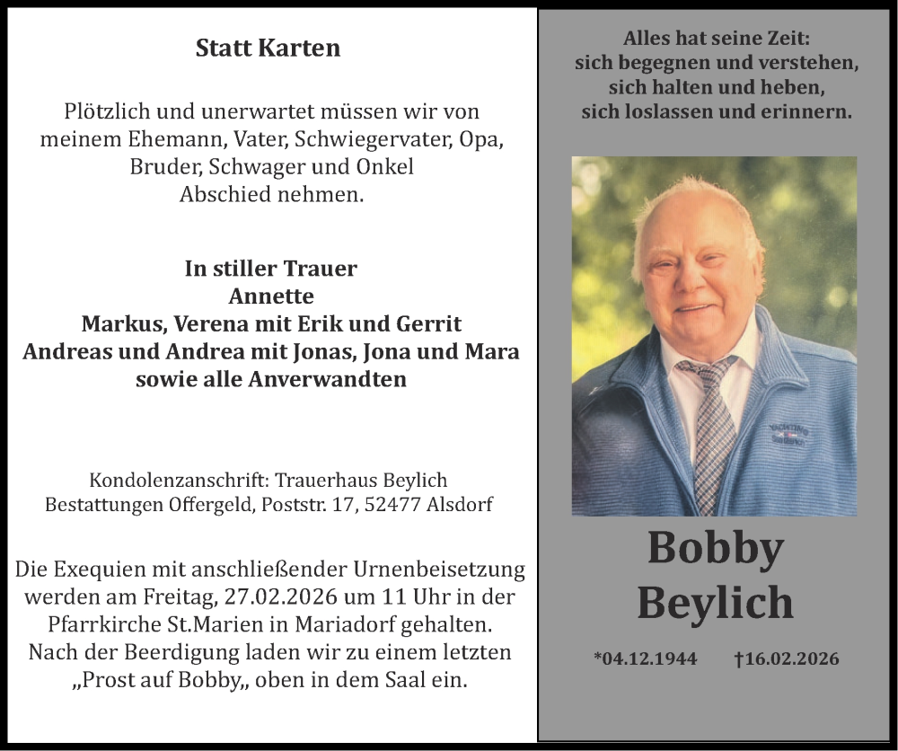  Traueranzeige für Bobby Beylich vom 22.02.2026 aus Zeitung am Sonntag
