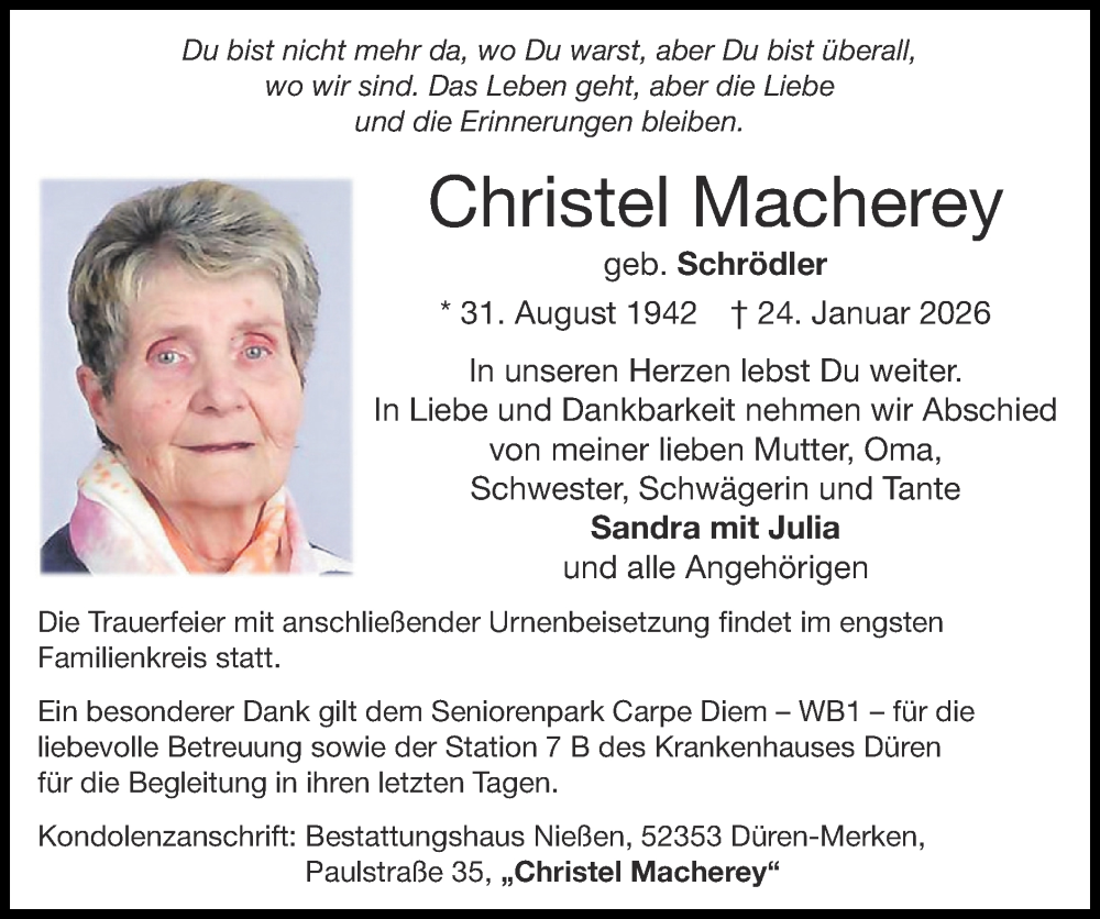  Traueranzeige für Christel Macherey vom 22.02.2026 aus Zeitung am Sonntag