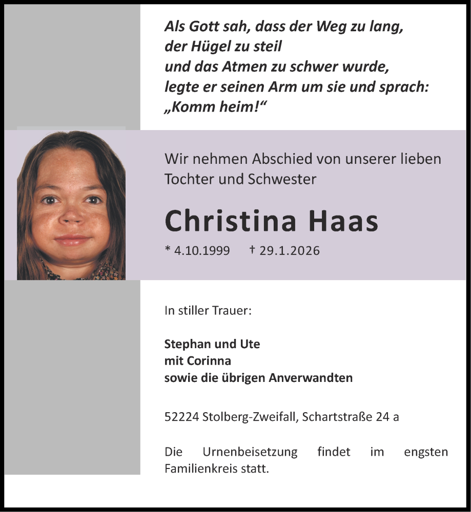  Traueranzeige für Christina Haas vom 08.02.2026 aus Zeitung am Sonntag