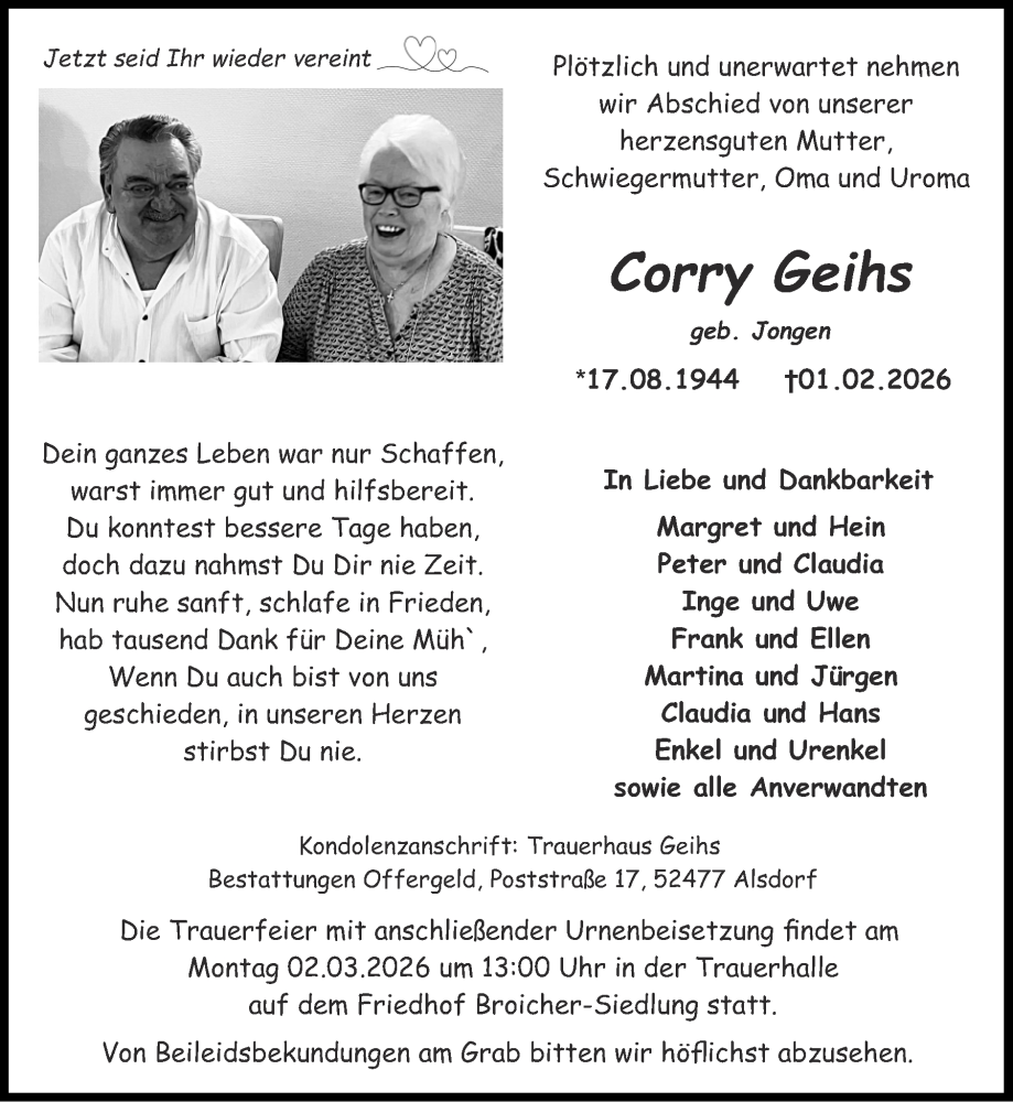  Traueranzeige für Corry Geihs vom 22.02.2026 aus Zeitung am Sonntag